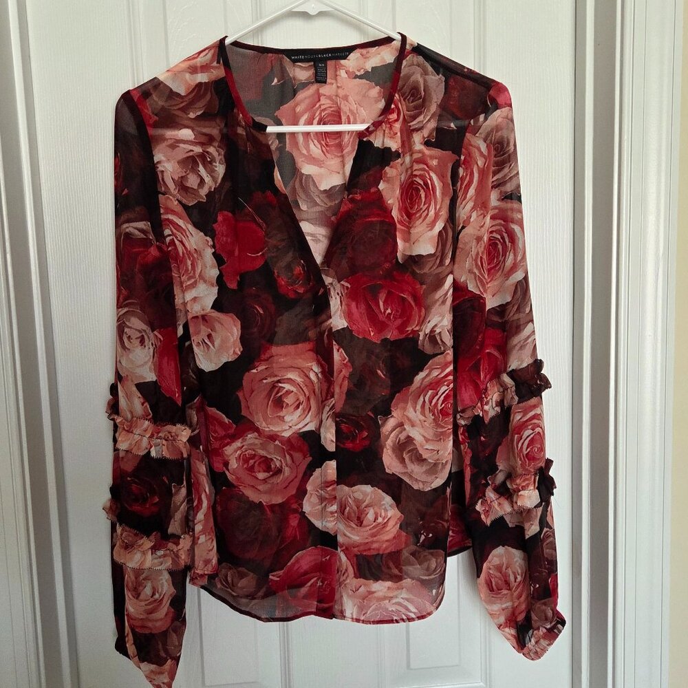 WHBM Sheer Floral Blouse with Pink and Red Roses, Size XS
